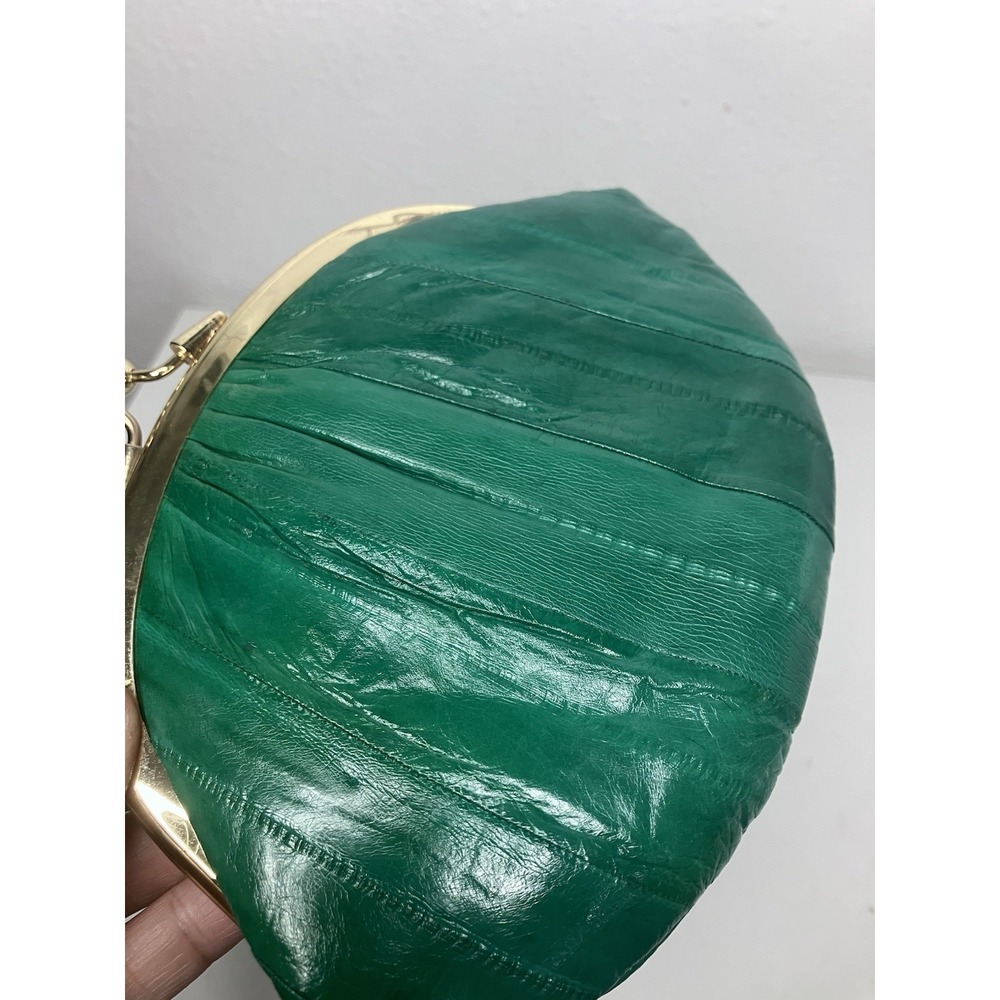Vintage Rare Green Eel Skin Double Kiss Lock Coin Purse Korea Pleated Gold Frame - Picture 3 of 10